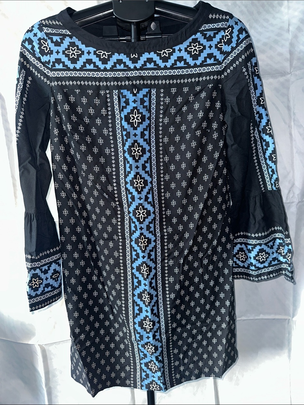 LOFT Black Shift Dress with Blue Geometric Trim